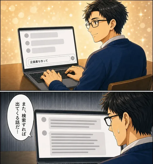 リツトがAIと作った「AI活用の教科書」の漫画LPの1コマ（AIの答えに落胆する会社員）