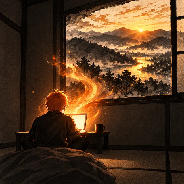 質素な部屋でノートパソコンに向かうリツトの後ろ姿。画面の光が炎のように立ちのぼり、窓の外の高知の山と川に夜明けが差している